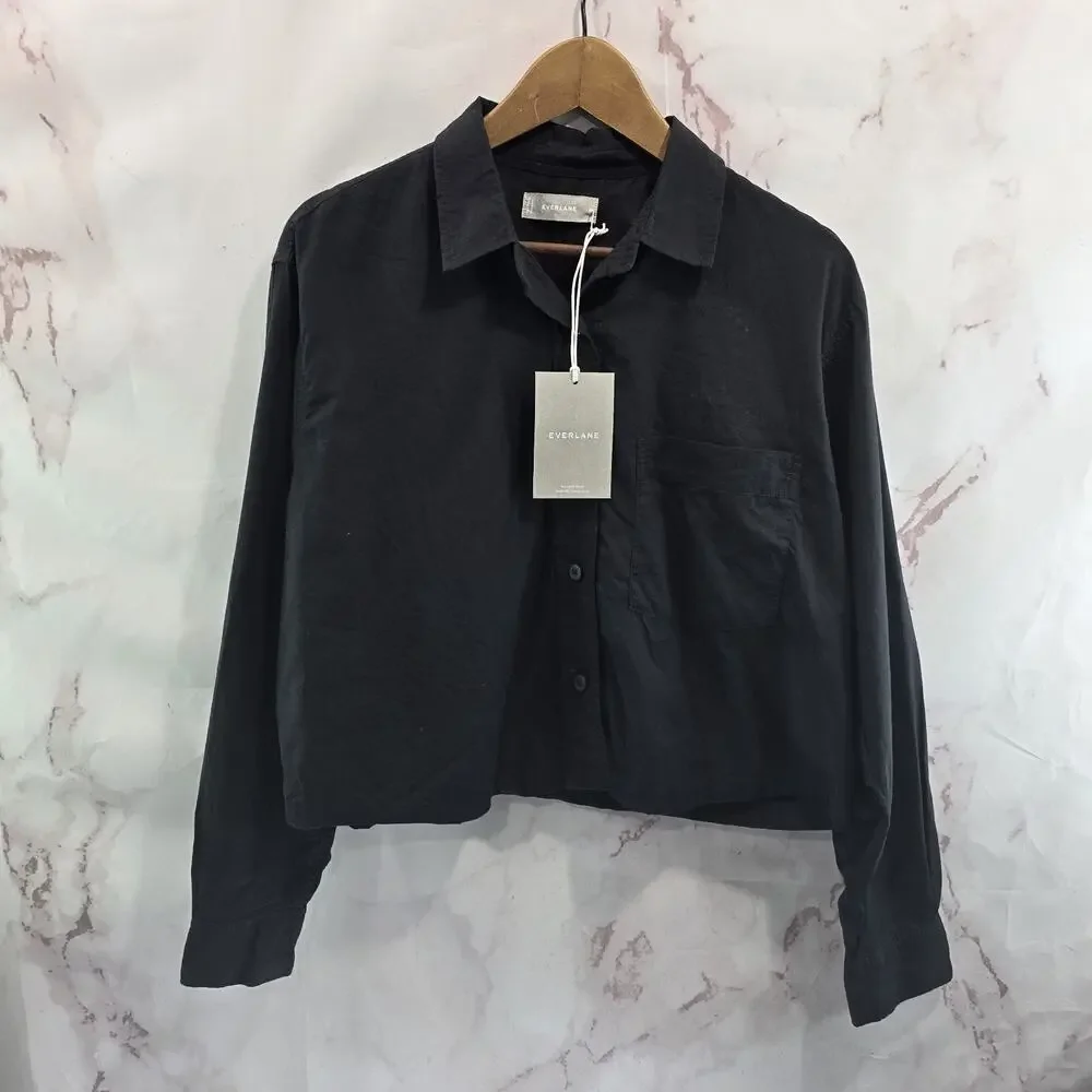 Everlane Shirt Womens Black Button Up The Silky Cotton Way Short Crop NEW